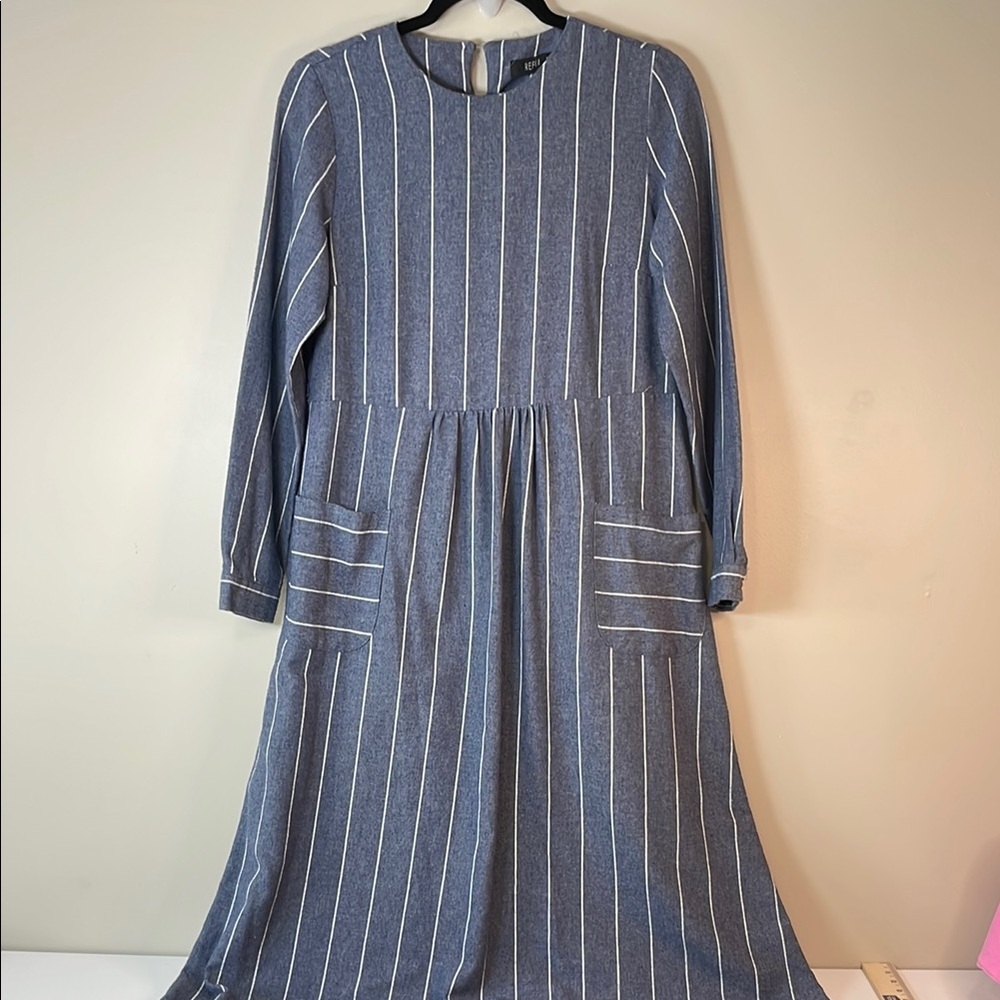 REFKA Navy & White Vertical Striped Long Sleeve Cotton Blend Modesty‎ Dress Sz4